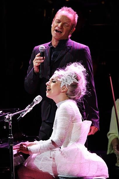 Musicians Sting and Lady Gaga perform on stage during the Almay concert to celebrate the Rainforest Fund's 21st birthday at Carnegie Hall on May 13,...