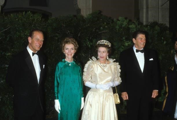 Prince Philip, Duke of Edinburgh, First Lady of the United States, Nancy Reagan ,Queen Elizabeth II and US President Ronald Reagan at a State Banquet...