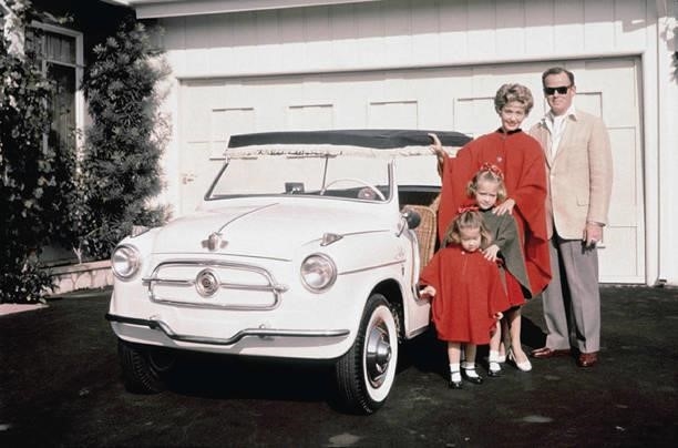 Jane Powell and family including Patrick Nerney at home with their Fiat 600 Jolly 1956.