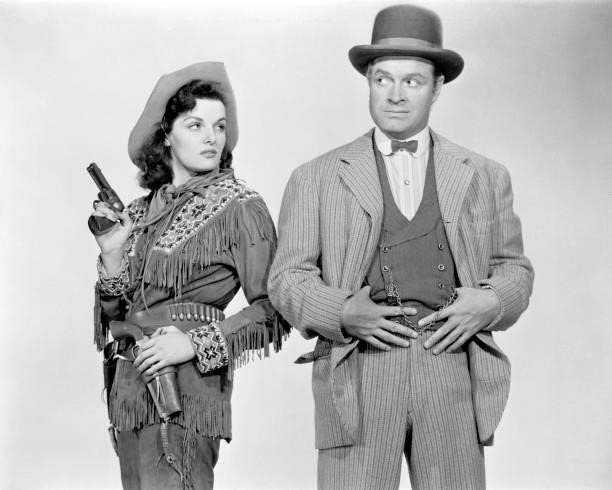 Actors Bob Hope as 'Painless' Peter Potter and Jane Russell as 'Calamity Jane' in the Western 'The Paleface', 1948.