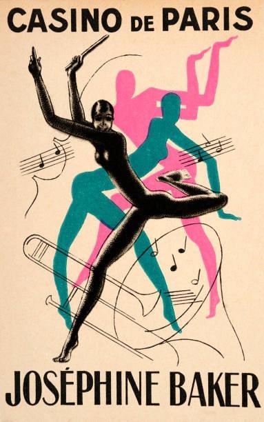Poster for the Casino de Paris featuring drawings of musical bars, a trombone and dance moves of international entertainer Josephine Baker, circa...