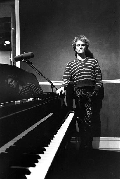 Sting posed by a piano in RAK Recording Studios, 1982.
