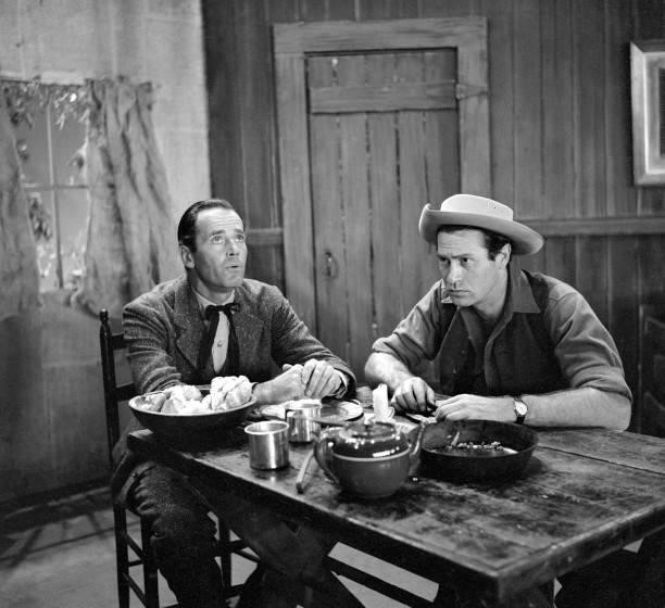 Henry Fonda, left, and Darren McGavin appear on the CBS television show "Toast of the Town