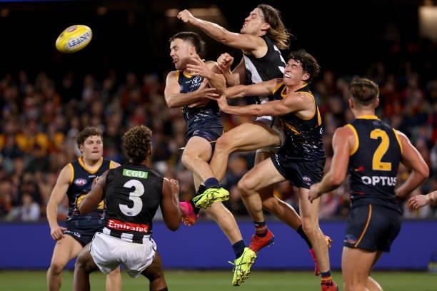 James Rowe of the Crows clashes Darcy Moore of the Magpies with during the 2021 AFL Round 12 match between the Adelaide Crows and the Collingwood...