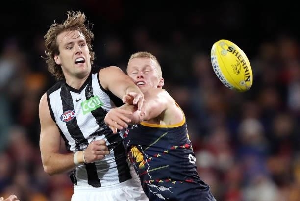 Max Lynch of the Magpies and Reilly O'Brien of the Crows compete for the ball during the 2021 AFL Round 12 match between the Adelaide Crows and the...