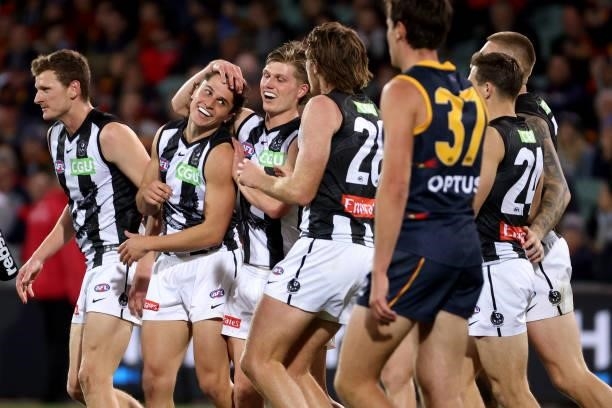 Trent Bianco of the Magpies celebrates a goal during the 2021 AFL Round 12 match between the Adelaide Crows and the Collingwood Magpies at Adelaide...