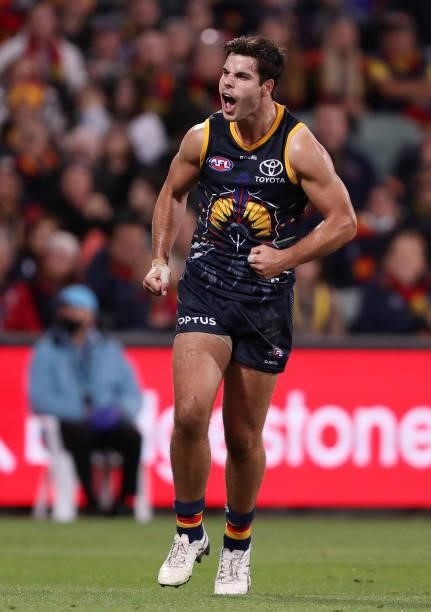 Darcy Fogarty of the Crows celebrates a goal during the 2021 AFL Round 12 match between the Adelaide Crows and the Collingwood Magpies at Adelaide...