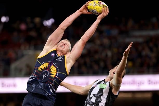 Reilly O'Brien of the Crows out marks Darcy Cameron of the Magpies during the 2021 AFL Round 12 match between the Adelaide Crows and the Collingwood...