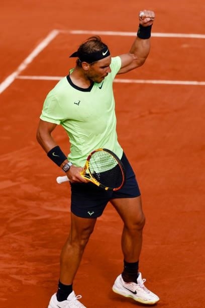 June 2021, France, Paris: Tennis: Grand Slam/ATP Tour - French Open, men's singles, 3rd round, Nadal - Norrie . Rafael Nadal cheers. Photo: Frank...