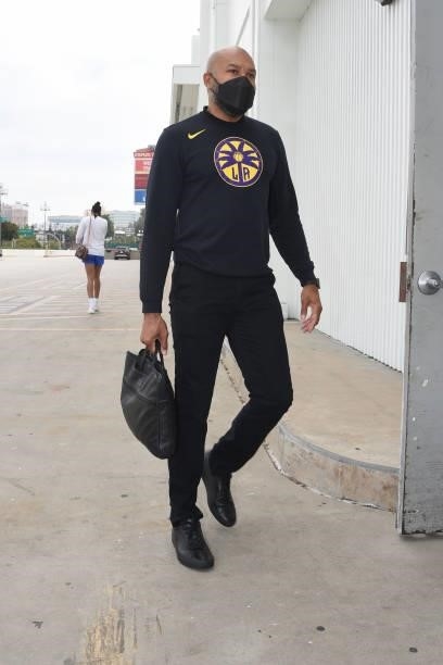 Head Coach Derek Fisher of the Los Angeles Sparks arrives to the game against the Chicago Sky on June 5, 2021 at the Los Angeles Convention Center in...