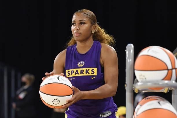 Te'a Cooper of the Los Angeles Sparks handles the ball before the game against the Chicago Sky on June 5, 2021 at the Los Angeles Convention Center...