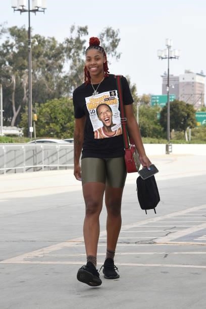 Bria Holmes of the Los Angeles Sparks arrives to the game against the Chicago Sky on June 5, 2021 at the Los Angeles Convention Center in Los...