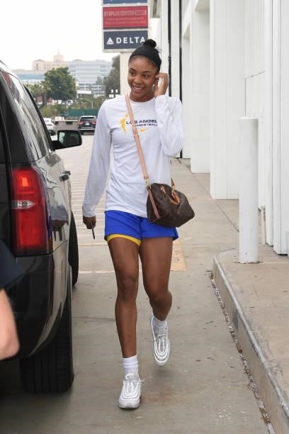 Nia Coffey of the Los Angeles Sparks arrives to the game against the Chicago Sky on June 5, 2021 at the Los Angeles Convention Center in Los Angeles,...