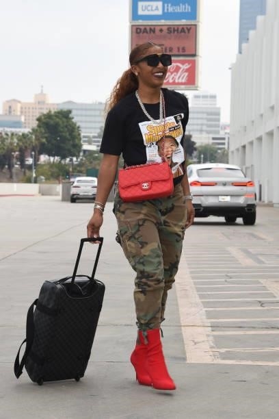 Te'a Cooper of the Los Angeles Sparks arrives to the game against the Chicago Sky on June 5, 2021 at the Los Angeles Convention Center in Los...