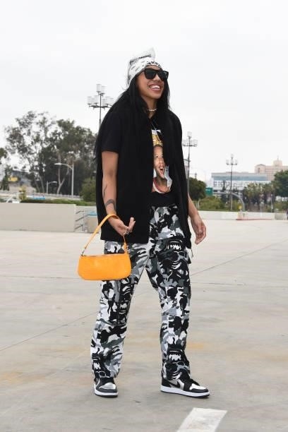 Arella Guirantes of the Los Angeles Sparks arrives to the game against the Chicago Sky on June 5, 2021 at the Los Angeles Convention Center in Los...