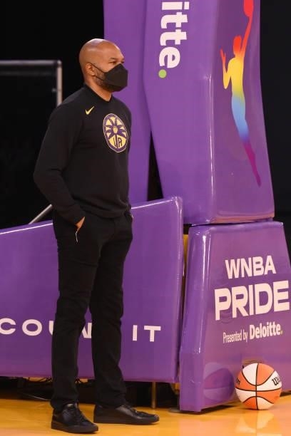 Head Coach Derek Fisher of the Los Angeles Sparks looks on before the game against the Chicago Sky on June 5, 2021 at the Los Angeles Convention...