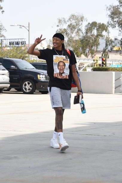 Brittney Sykes of the Los Angeles Sparks arrives to the game against the Chicago Sky on June 5, 2021 at the Los Angeles Convention Center in Los...