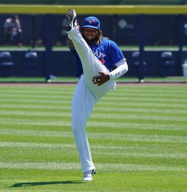 Vladimir Guerrero Jr. #27 of the Toronto Blue Jays warms up before the game against the Houston Astros at Sahlen Field on June 5, 2021 in Buffalo,...