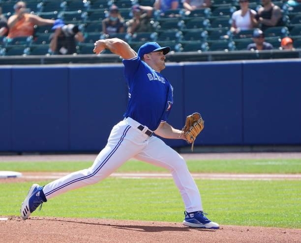 Starting pitcher Ross Stripling of the Toronto Blue Jays during the game against the Houston Astros during the first inning at Sahlen Field on June...
