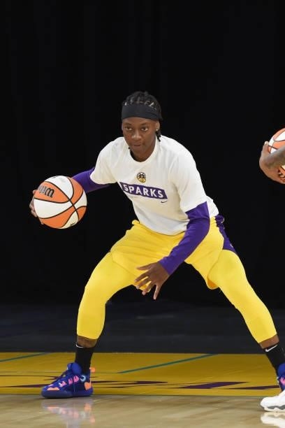 Erica Wheeler of the Los Angeles Sparks handles the ball before the game against the Chicago Sky on June 5, 2021 at the Los Angeles Convention Center...