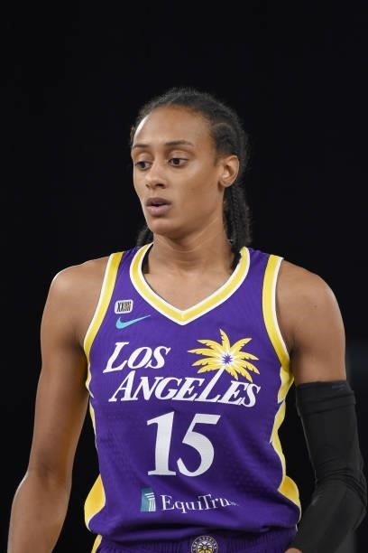Brittney Sykes of the Los Angeles Sparks looks down during the game against the Chicago Sky on June 5, 2021 at the Los Angeles Convention Center in...