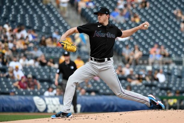 Trevor Rogers of the Miami Marlins delivers a pitch in the first inning during the game against the Pittsburgh Pirates at PNC Park on June 5, 2021 in...