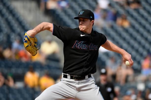 Trevor Rogers of the Miami Marlins delivers a pitch in the first inning during the game against the Pittsburgh Pirates at PNC Park on June 5, 2021 in...