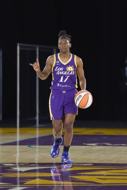 Erica Wheeler of the Los Angeles Sparks handles the ball against the Chicago Sky on June 5, 2021 at the Los Angeles Convention Center in Los Angeles,...