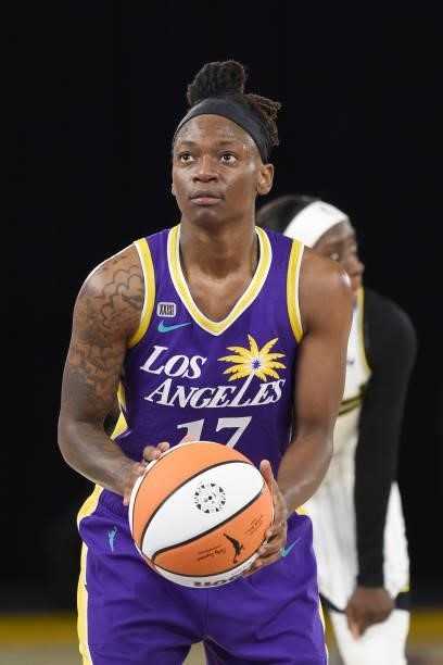 Erica Wheeler of the Los Angeles Sparks shoots a free throw against the Chicago Sky on June 5, 2021 at the Los Angeles Convention Center in Los...