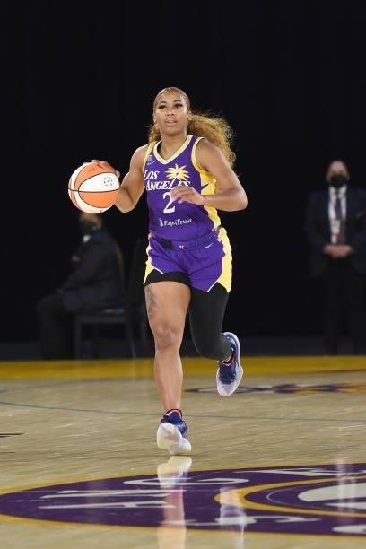 Te'a Cooper of the Los Angeles Sparks handles the ball against the Chicago Sky on June 5, 2021 at the Los Angeles Convention Center in Los Angeles,...