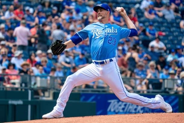 Mike Minor of the Kansas City Royals pitches against the Minnesota Twins in the first inning at Kauffman Stadium on June 5, 2021 in Kansas City,...