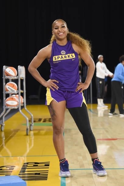 Te'a Cooper of the Los Angeles Sparks smiles before the game against the Chicago Sky on June 5, 2021 at the Los Angeles Convention Center in Los...