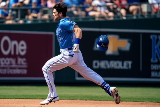 Andrew Benintendi of the Kansas City Royals heads to third to complete the triple play against the Minnesota Twins in the third inning at Kauffman...