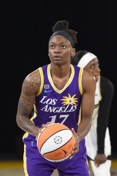 Erica Wheeler of the Los Angeles Sparks shoots a free throw against the Chicago Sky on June 5, 2021 at the Los Angeles Convention Center in Los...