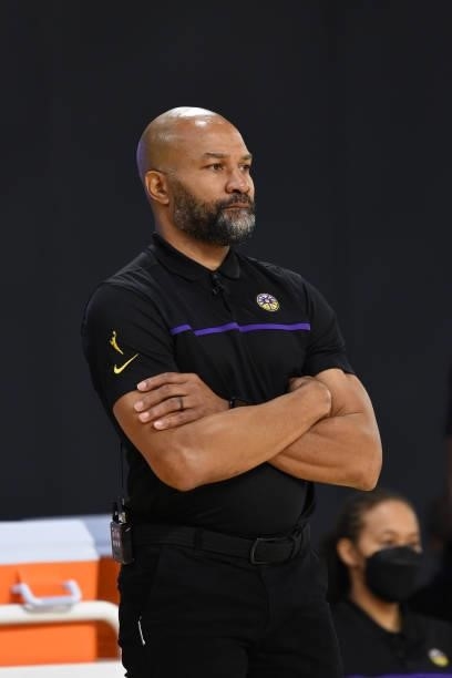 Head Coach Derek Fisher of the Los Angeles Sparks looks on during the game against the Chicago Sky on June 5, 2021 at the Los Angeles Convention...