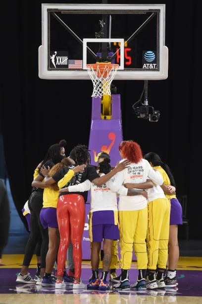 The Los Angeles Sparks huddle up before the game against the Chicago Sky on June 5, 2021 at the Los Angeles Convention Center in Los Angeles,...
