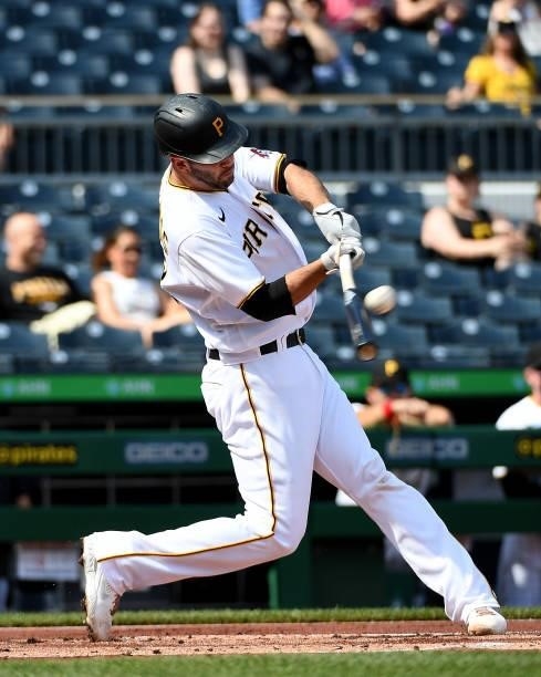Jacob Stallings of the Pittsburgh Pirates singles to left field in the first inning during the game against the Miami Marlins at PNC Park on June 5,...