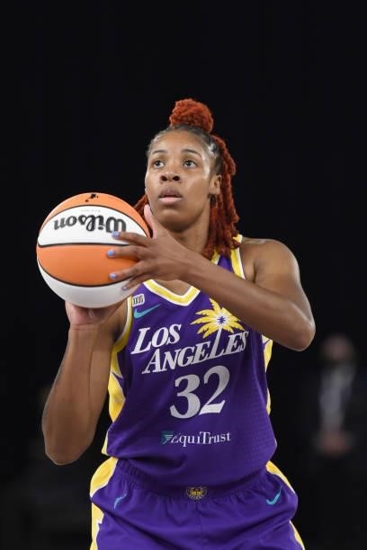 Bria Holmes of the Los Angeles Sparks shoots a free throw against the Chicago Sky on June 5, 2021 at the Los Angeles Convention Center in Los...