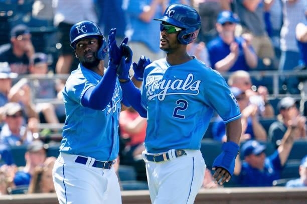 Michael A. Taylor of the Kansas City Royals celebrates with Jorge Soler after scoring against the Minnesota Twins in the second inning at Kauffman...