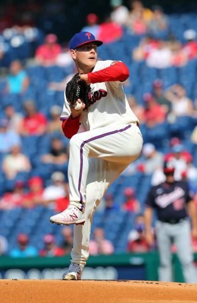 Spencer Howard of the Philadelphia Phillies throws a pitch in the first inning during a game against the Washington Nationals at Citizens Bank Park...