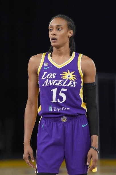 Brittney Sykes of the Los Angeles Sparks looks on during the game against the Chicago Sky on June 5, 2021 at the Los Angeles Convention Center in Los...