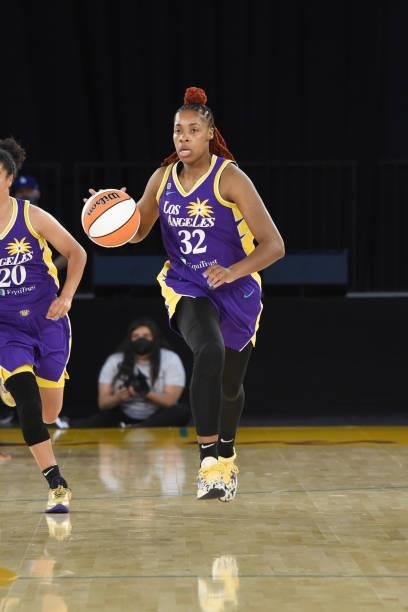 Bria Holmes of the Los Angeles Sparks handles the ball against the Chicago Sky on June 5, 2021 at the Los Angeles Convention Center in Los Angeles,...