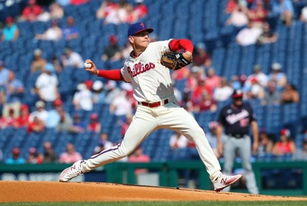 Spencer Howard of the Philadelphia Phillies throws a pitch in the first inning during a game against the Washington Nationals at Citizens Bank Park...