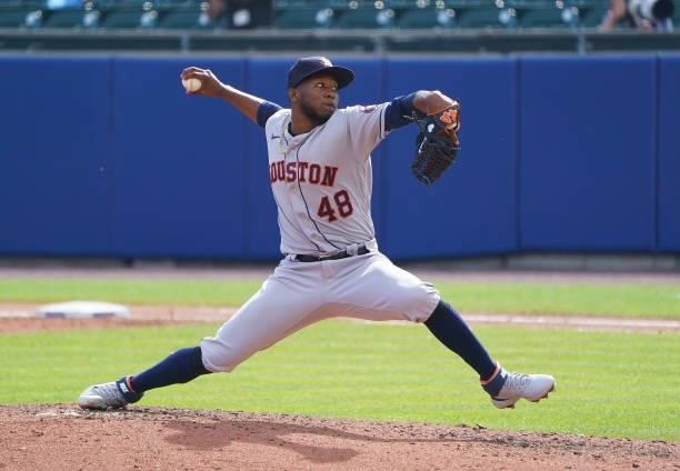 Enoli Paredes of the Houston Astros pitches against the Toronto Blue Jays during the sixth inning at Sahlen Field on June 5, 2021 in Buffalo, New...