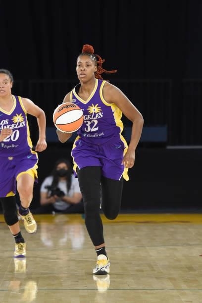 Bria Holmes of the Los Angeles Sparks handles the ball against the Chicago Sky on June 5, 2021 at the Los Angeles Convention Center in Los Angeles,...