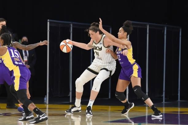 Stefanie Dolson of the Chicago Sky handles the ball against the Los Angeles Sparks on June 5, 2021 at the Los Angeles Convention Center in Los...