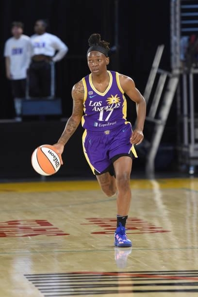 Erica Wheeler of the Los Angeles Sparks handles the ball against the Chicago Sky on June 5, 2021 at the Los Angeles Convention Center in Los Angeles,...