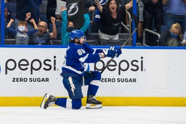 Nikita Kucherov of the Tampa Bay Lightning celebrates a goal against the Carolina Hurricanes during the third period in Game Four of the Second Round...