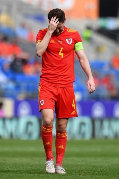 Ben Davies of Wales during the International Friendly Match between Wales and Albania at the Cardiff City Stadium on June 5, 2021 in Cardiff, Wales.