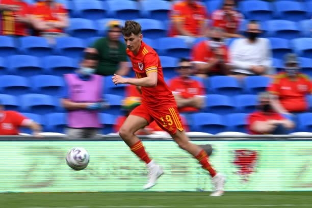 David Brooks of Wales in action during the International Friendly Match between Wales and Albania at the Cardiff City Stadium on June 5, 2021 in...